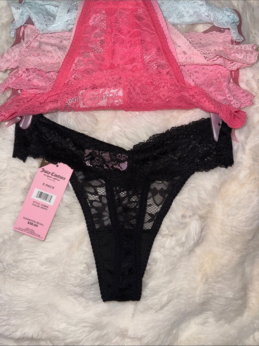 5 pack Juicy Couture Lace Thong Pack in Black and Pink Shades - Picture 7 of 7
